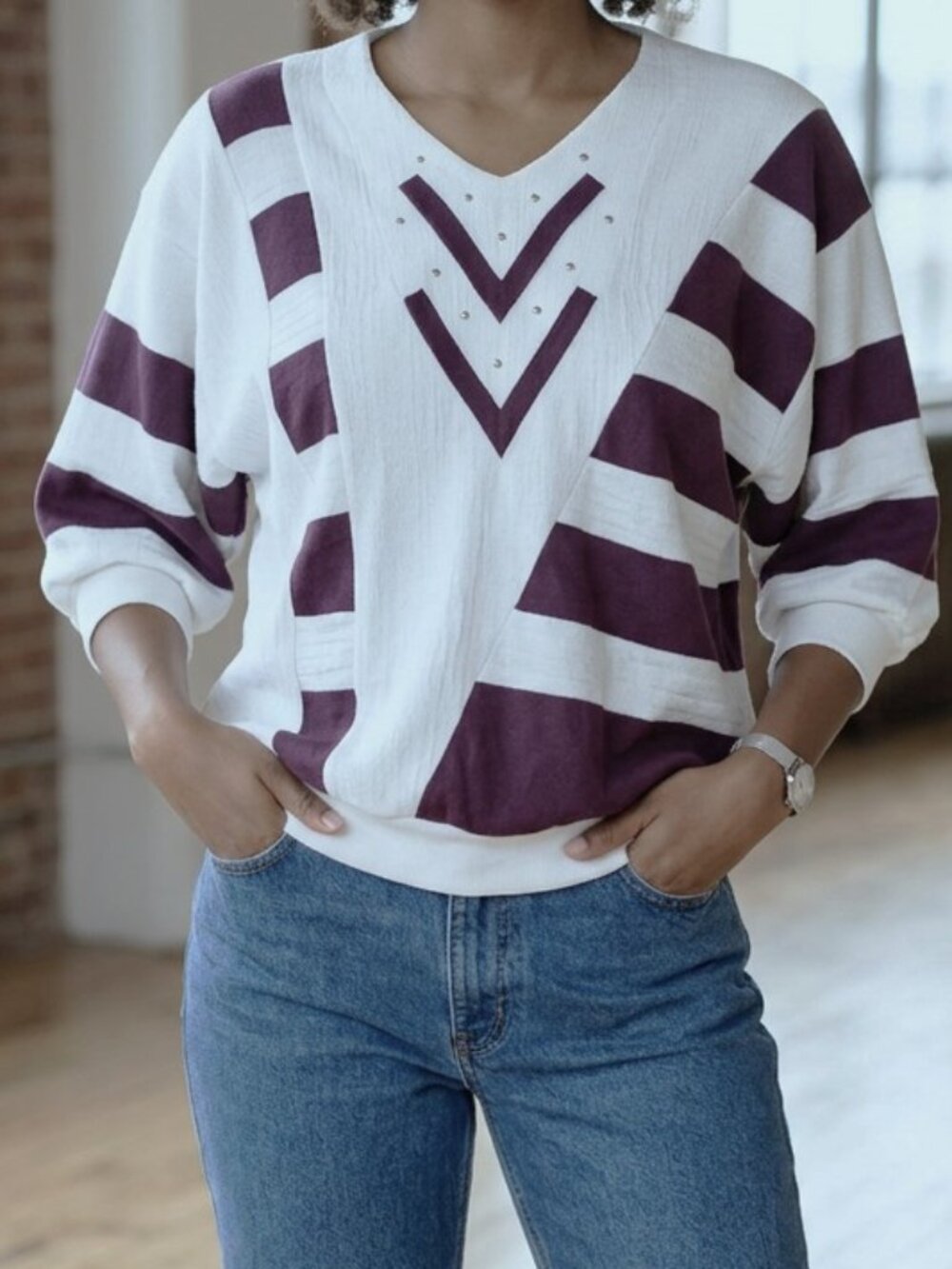 Vintage 80s Cream Plum Colorblock Light Pullover V-Neck Top Balloon Sleeves - L